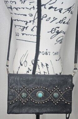 P&G Western Concho Wallet Organizer Wristlet Crossbody Black Faux Turquoise